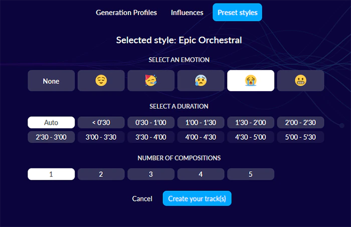 Aiva UI for generating orchestral music