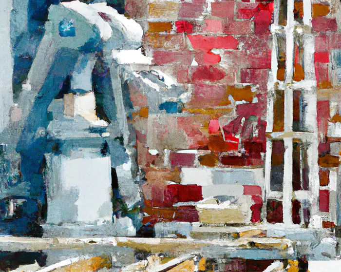 Via DALLE 2: a complicated brick laying robotic contraption at a construction site, watercolor painting