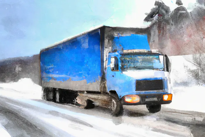 Via DALLE 2: a freight truck on a snowy highway, in the style of a watercolor painting